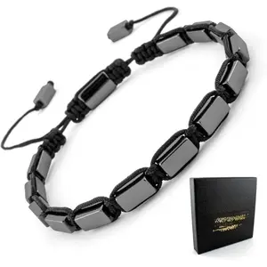 Handmade Adjustable Hematite Bracelet, Metallic Gray Beads, Black Cord, Minimalist Unisex Design Rectangular Beaded Macrame – Handmade Men’s Bracelet – Gif