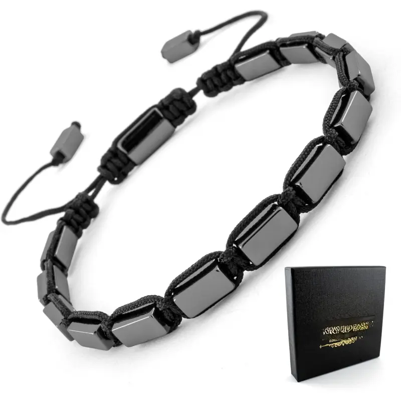 Handmade Adjustable Hematite Bracelet, Metallic Gray Beads, Black Cord, Minimalist Unisex Design Rectangular Beaded Macrame – Handmade Men’s Bracelet – Gif