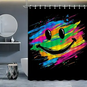 Vibrant Graffiti Smiley Face Shower Curtain Set, Trendy Bathroom Decor, High-Fit Fashion Accessory, Vivid Aesthetic Bath Soft Furnishing