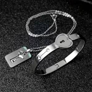[4pcs Stainless Steel Couple Jewelry] 4pcs Stainless Steel Couple Rhinestone Bracelet Set with Heart Lock And Key Necklace - Couple Jewelry Set