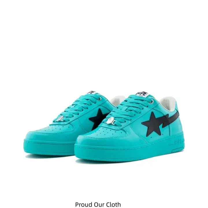 Turquoise Full Grain Leather Low Top Sneakers Black Star Side Logo Matching Turquoise Laces Thick Flat Sole Minimalist Fashion Skate Casual Shoes