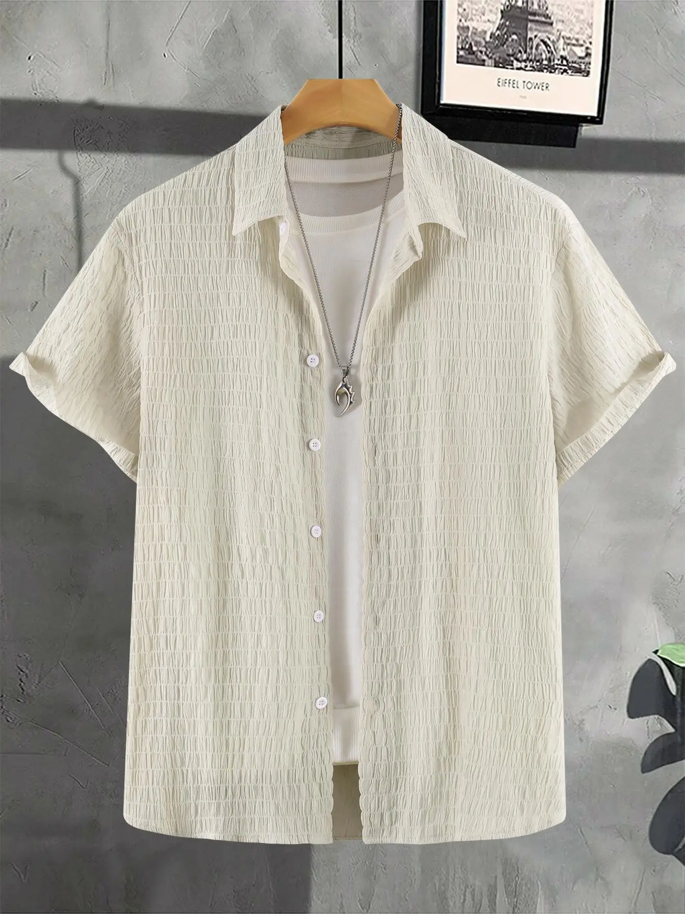 Men's Plain Textured Button Front Collared Shirt, Casual Regular Fit Shortsleeve Collar Shirt for Summer, Fashion Men's Streetwear Top for Daily Wear,