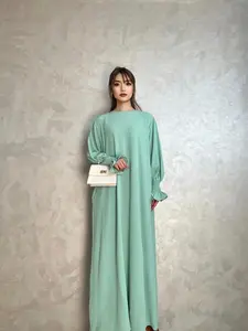 Women's Plain Flounce Sleeve Shirred Boat Neck Arabian Dress, Summer Outfits 2024, Elegant Long Sleeve Dress for Spring & Fall, Sundress Maxi Dress, Islamic Clothing, Modest Muslim Outfits