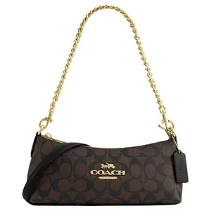 COACH Charlotte 25 Classic Monogram PVC Bag – Women’s Medium Top-Handle and Crossbody Bag in Gold and Brown-Black