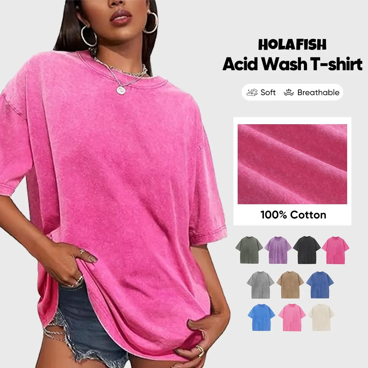 Holafish Women's Acid Wash Tshirt Heavyweight Cotton T-Shirts Half Short Sleeves Casual Loose Streetwear Tee Tops,Acid Washed Men's Basic T-Shirts Loo