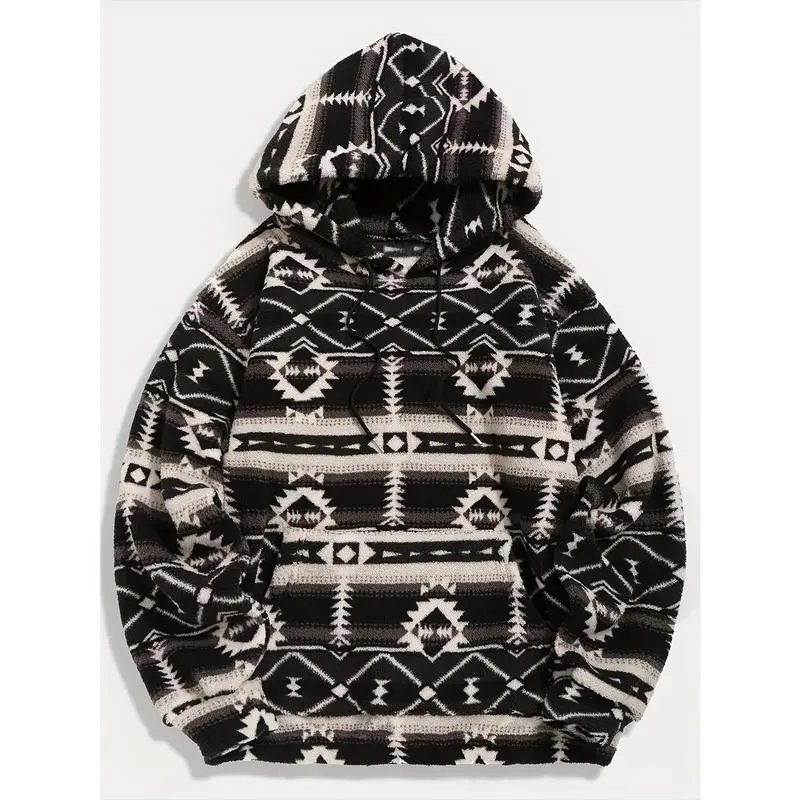 Ethnic Style Geometric Pattern, Men's Loose Polar Fleece Hoodie For Winter & Fall, Hooded Sweatshirt With Drawstring And Kangaroo Pocket Ethnic Style Geometric Pattern, Men's Loose Polar Fleece Hoodie For Winter & Fall, Hooded Sweatshirt With Drawstring And Kangaroo Pocket