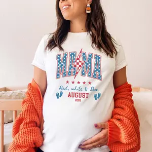 4th of July Pregnancy Announcement Shirt, Custom Due Date Mama Tee, Patriotic Baby Reveal Shirt, Retro Red White Due Mama Maternity Top