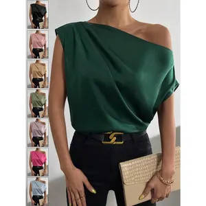 Rafferiza Solid Asymmetrical Neck Satin Blouse One Shoulder Top