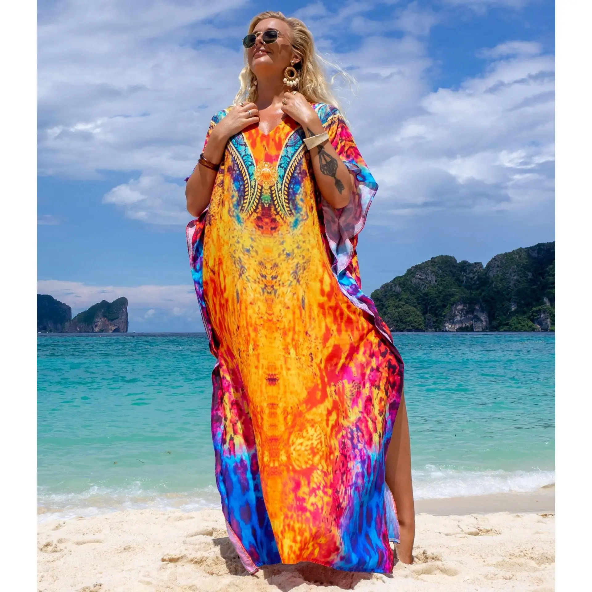 Women's Plus Size Kaftan Maxi Dress, Casual Boho Ethnic Print Viscose Lounger with Half Batwing Sleeves for Evening Beach Wear, Lady, Casual Wear, Half Sleeve, Bat Wings Casual Dresses