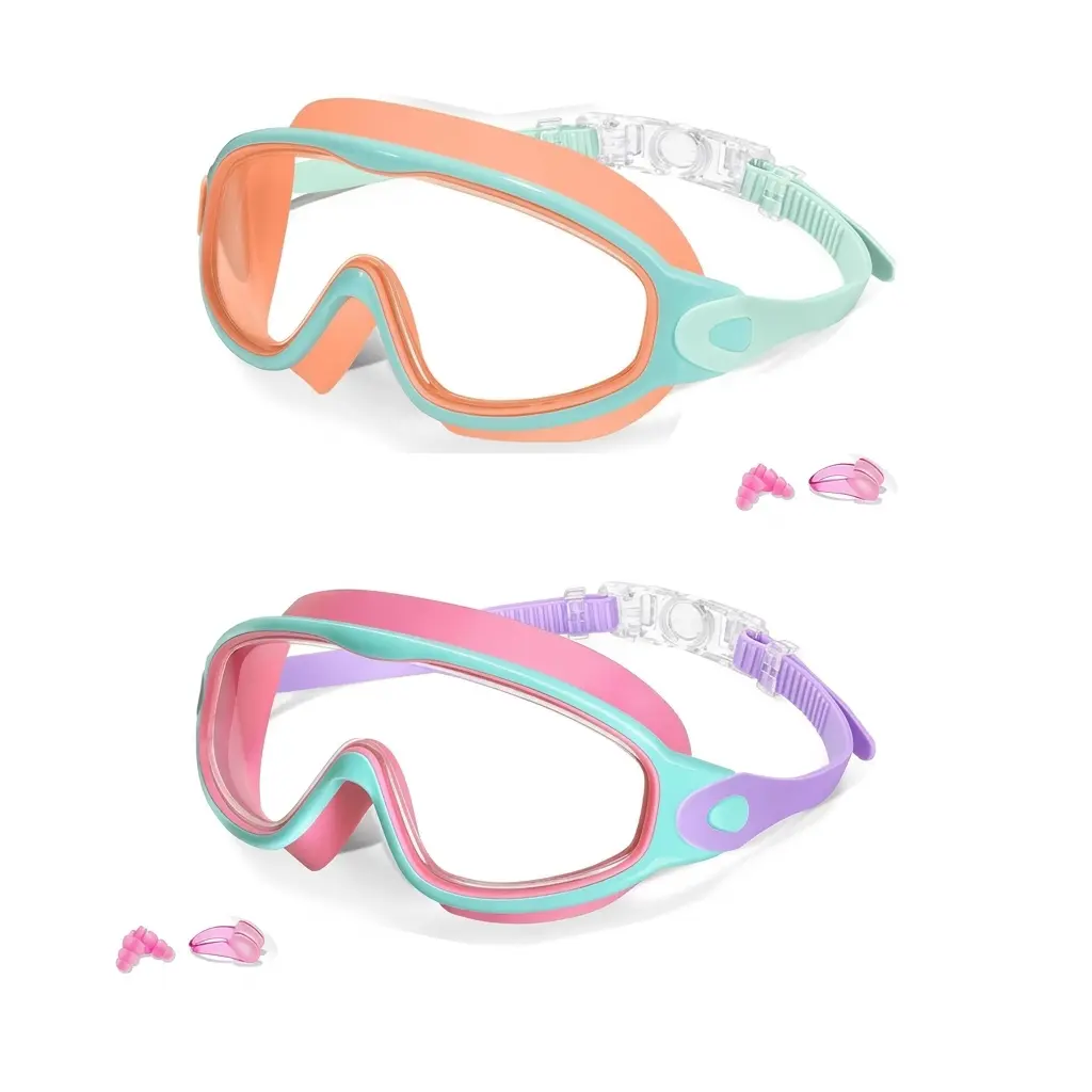 Swim Goggles 2 Pack, Anti-Fog & Anti-UV, Wide View & No Leakage, Swimming Goggles for Kids Ages 3-15 with Earplugs