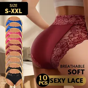 QUASTI 10 Piece Women's Mid Waist Lace Patchwork Sexy Seamless Underwear, High Elasticity Hip Lifting Breathable Soft Panties, Mixed Color Soft Basic Fit Fashion Underwear, S-XXL