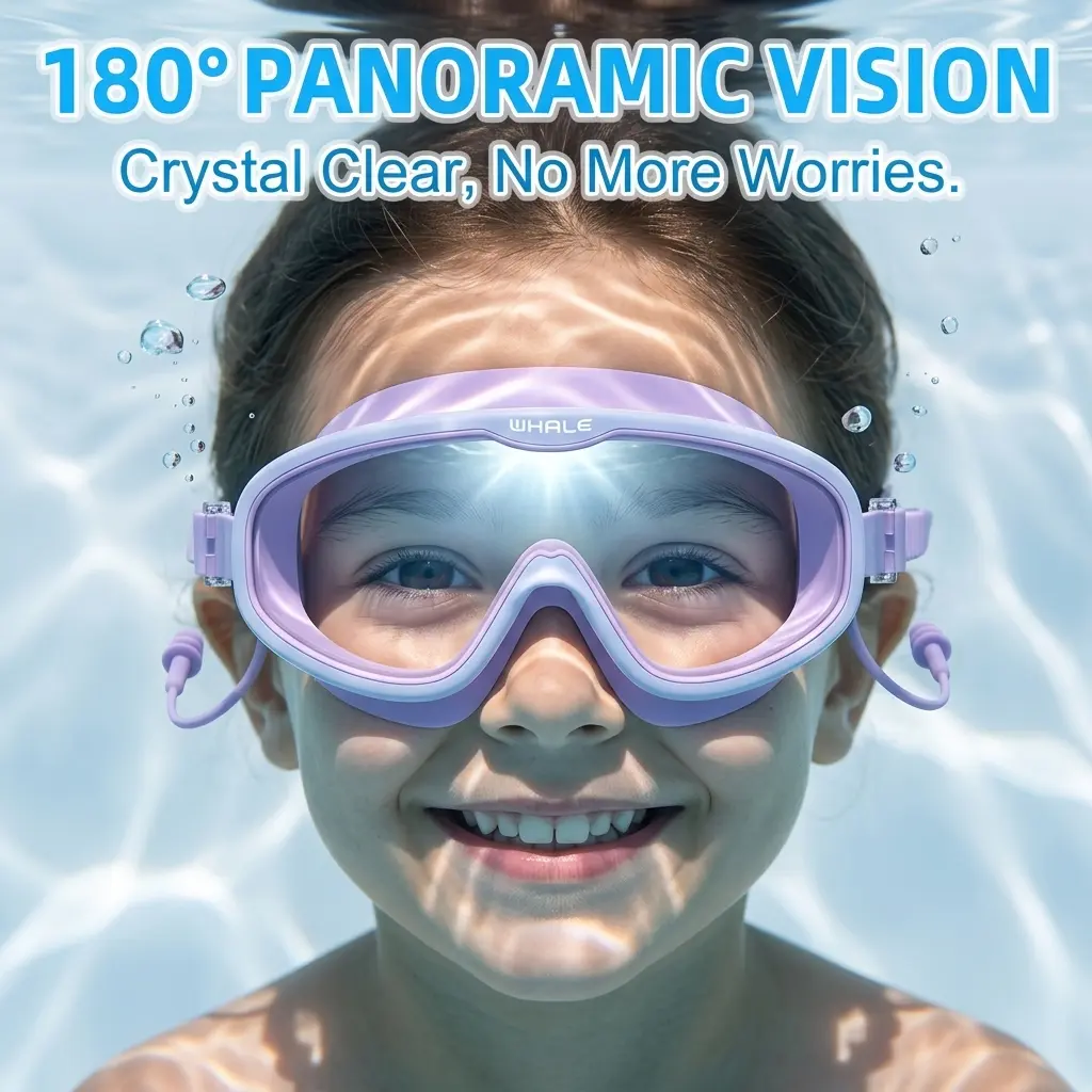 WHALE Kids Swim Goggles, 180° Panoramic Wide View Swimming Goggles for Children Boys Girls, Anti-Fog No Leak Soft Silicone Water Glasses with Attached Earplugs & Quick Adjust Strap (Ages 4-12)