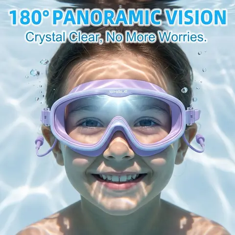 WHALE Kids Swim Goggles, 180° Panoramic Wide View Swimming Goggles for Children Boys Girls, Anti-Fog No Leak Soft Silicone Water Glasses with Attached Earplugs & Quick Adjust Strap (Ages 4-12)
