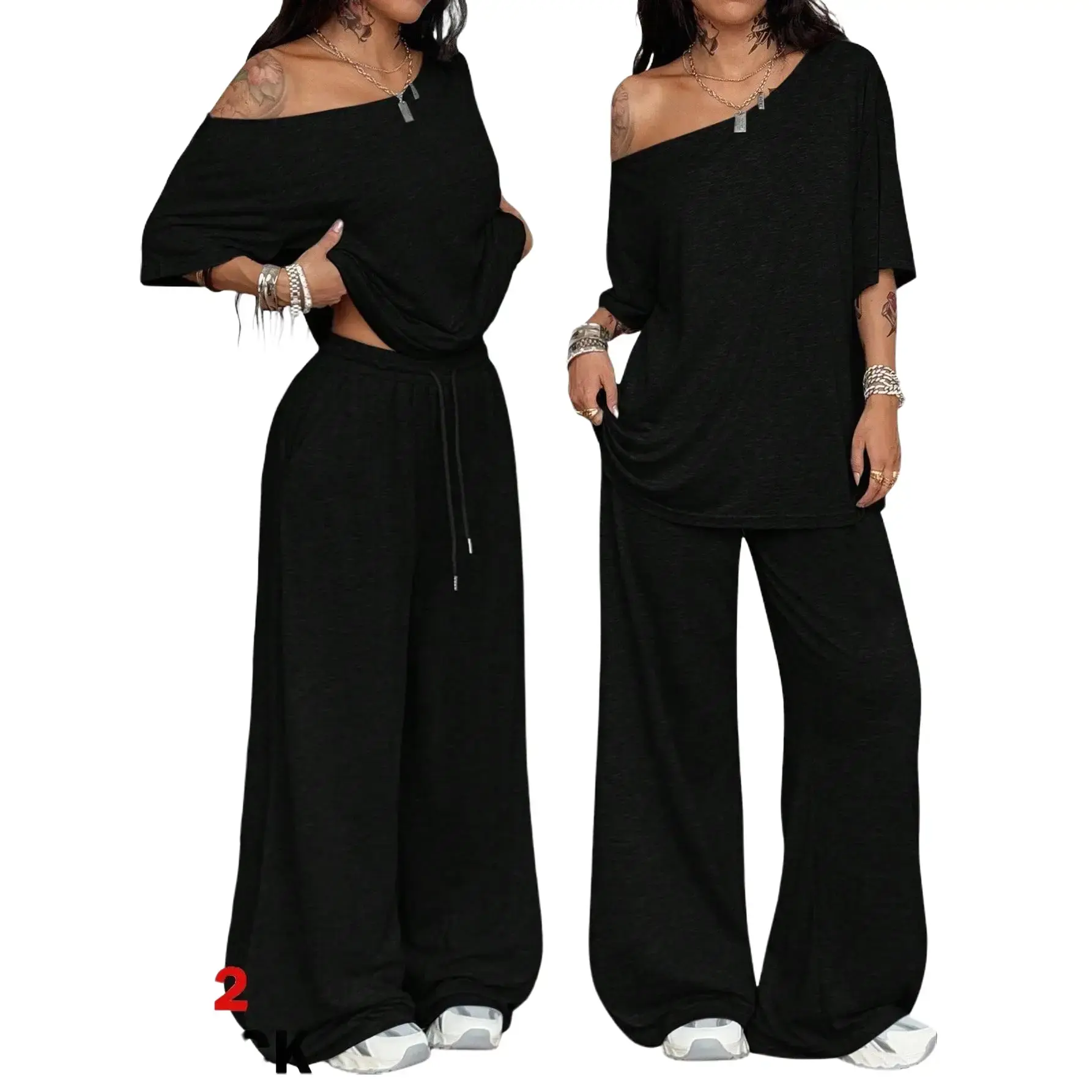 【Black Friday】Women's Chic Breathable Cotton Fabric Off-Shoulder Short-Sleeve Solid Color Drawstring Waist Wide-Leg Casual Jumpsuit - Fits Sports & Outdoor Lounging