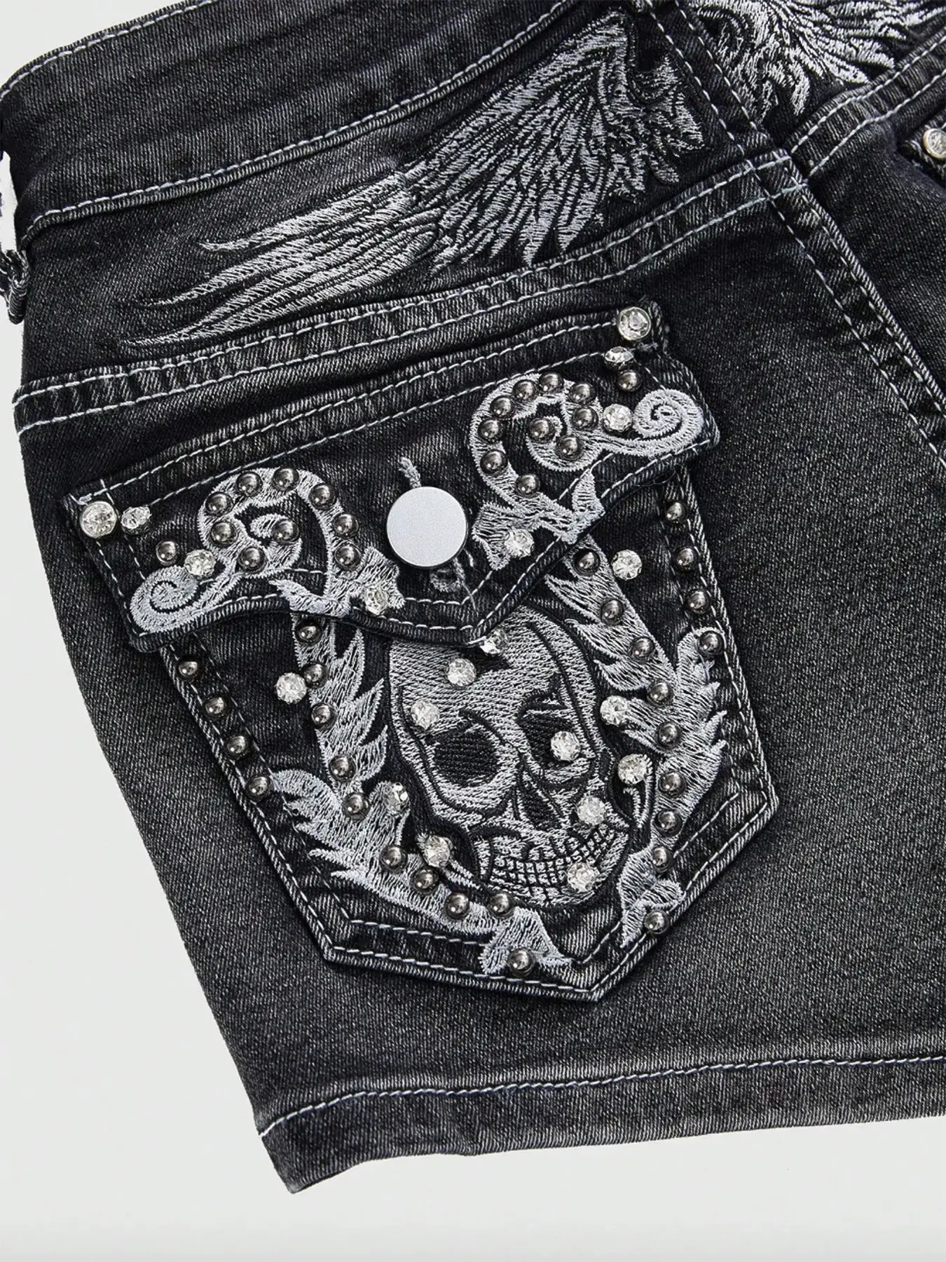 Women Y2K Retro Wing Skull Embroidery Low Waist Ultra Short Denim Shorts Crop Casual 2026