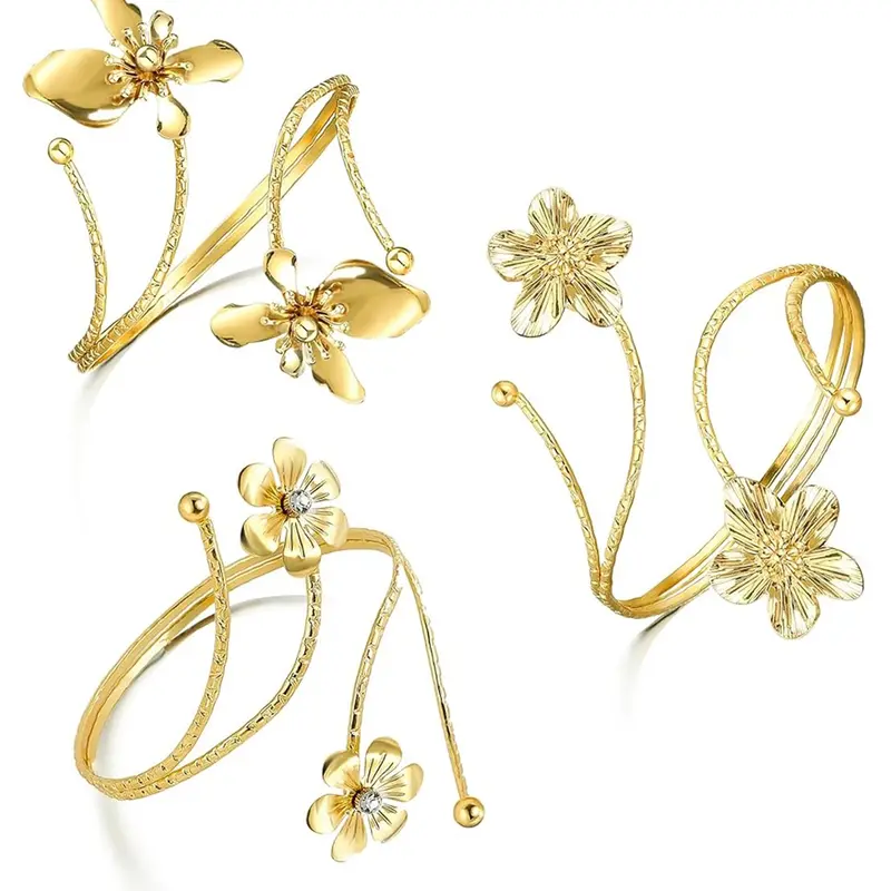 Gold Arm Cuff Arm Band Cuffs Bangles Coil Structure Butterfly Design Flower Accents Bracelets Accessories Upper Arm Bracelet Fashion Jewelry for Women Bangle Set Fashionable Jewelry Accessories
