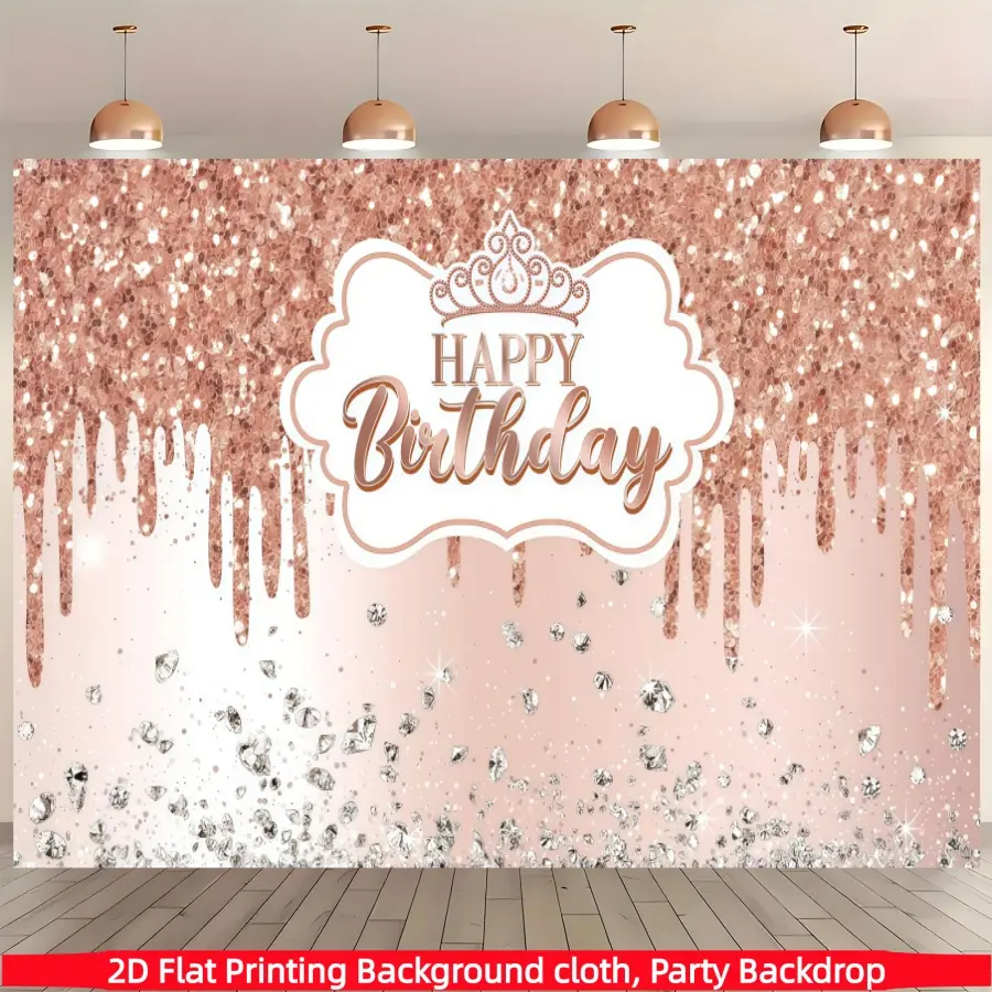 Rose Gold Happy Birthday Background Banner, Sparkling Diamond Birthday Background, Glitter Photo Backdrop, Polyester Material, Suitable for Photo Booth, Party, Celebration, Indoor/Outdoor Family Party and Home Decoration