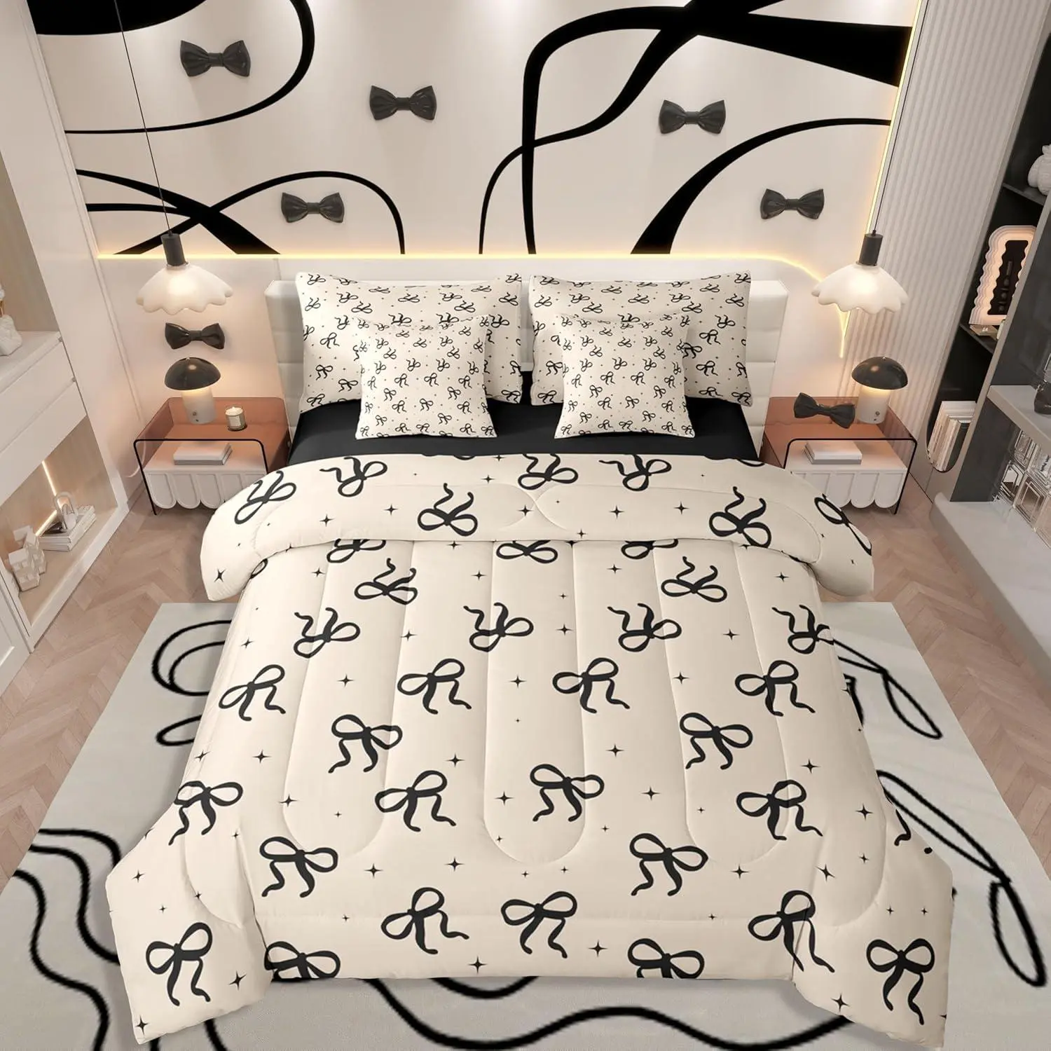 Feelyou 7-Piece Black and Beige Bow Microfiber Queen Bed Set - Girls' Coquette Modern Bedding with Fitted Sheet, Flat Sheet, Preppy Aesthetic Bag for Halloween, Thanksgiving Bedroom Decor Ideas
