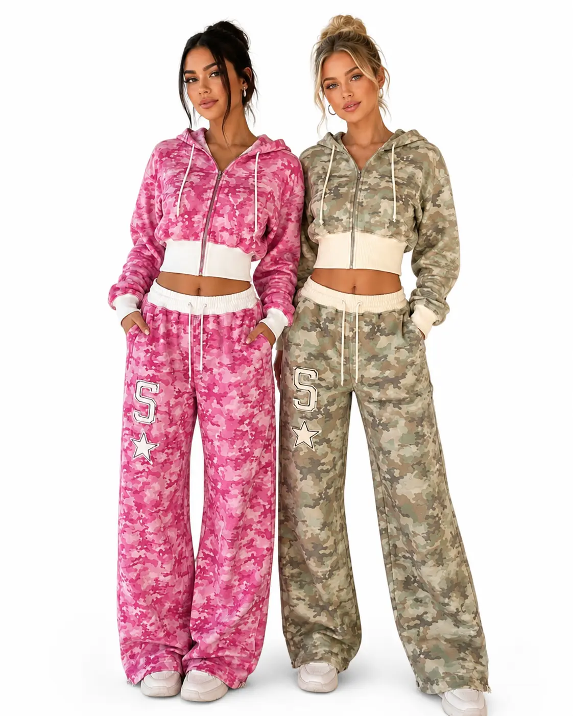 Women’s Pink Camo 2-Piece Tracksuit – Cropped Slim-Fit Hoodie & Relaxed Jogger Pants, Trendy Y2K Hip-Hop Streetwear Set