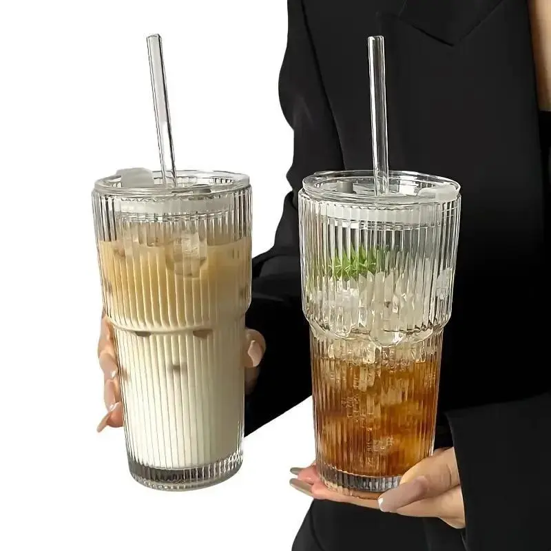 20oz Ribbed Glass Tumbler Cup Set of 2 - Premium Thick-Walled, Portable, Reusable, Heatproof, Washable with Lid & Straw, Ideal for Iced Coffee, Outdoor Use - Large Set Ice Cold Kitchen Drinkware Glasses, Ribbed Glass Glasses