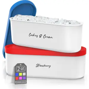 Ice cream containers 2 quart ea set of 2 premium reusable freezer storage for homemade ice cream tub for sorbet frozen yogurt flexible silicone lids long scoop stackable blue red