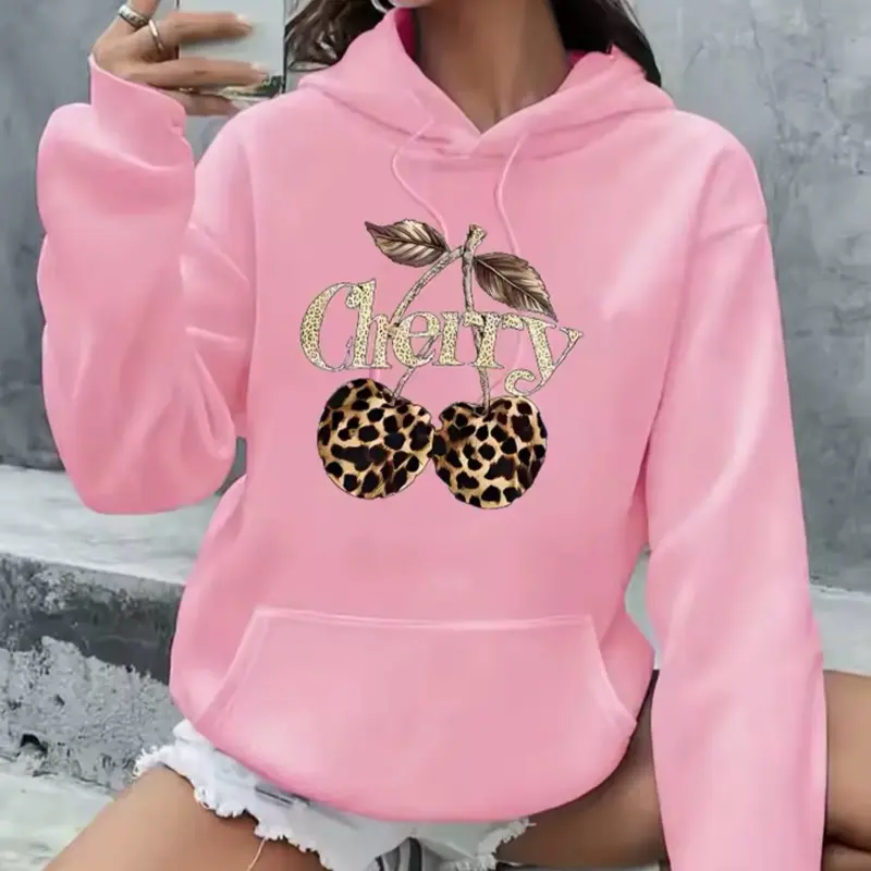 Pocket Hooded Hoodie Streetwear Leopard Cherry Print Long Sleeve Clothing Hoody