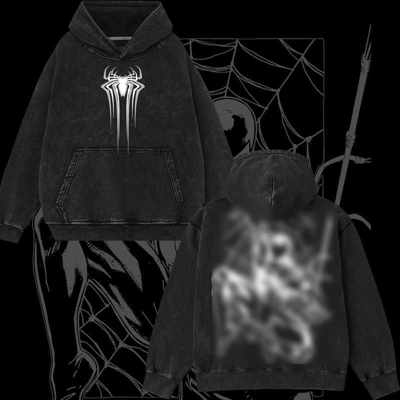 Superstyle Collection Friendly Neighborhood Symbiote Black Suit Spidey Hero MCU Edition Double Printed Oversize Lightweight Acid Washed Tee Hoodie Sweater Series Graphic Design Top Cotton Streetwear Comic Superheroes Hoodie Clothes Menswear Womenswear