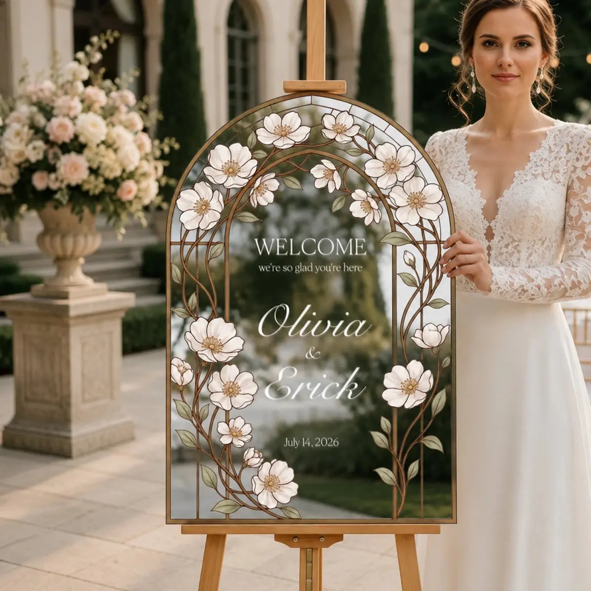 White Daisy Stained Glass Wedding Welcome Sign — Clear Botanical Arch