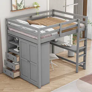 Wooden full-size loft bed with built-in wardrobe, desk, storage rack, and drawers, suitable for small bedrooms, dormitories, and other spaces.