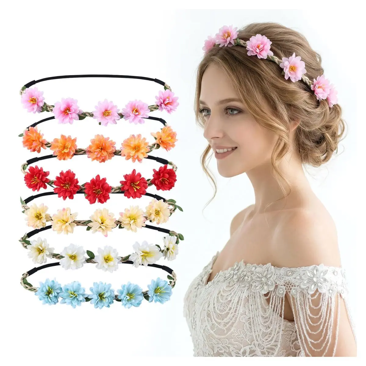 6 Pack Flower Crown Headbands – Boho Floral Headpieces for Women & Girls, Weddings, Festivals & Parties