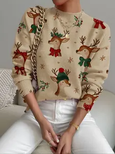 Women's Christmas Deer Print Stand Collar Sweater, Fall Winter Casual Long Sleeve Knitwear, Comfortable Warm Daily Wear