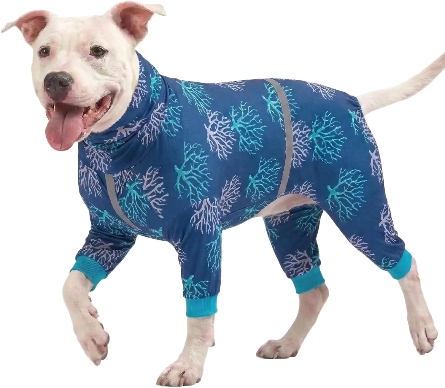 Dog Pajama for Dogs, UV Protection, Wound Care, Anxiety Relief, Lightweight Stretchy Fabric, Reflective Stripe, Coral Tree Print, Post Surgery Clothes, Pet PJ's, Pitbull Onesie, XL