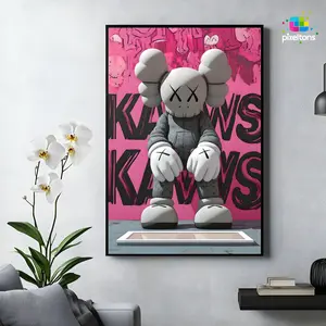 Kaws Companion Figure Wall Art Graffiti Pink Background Poster Modern Pop Print For Urban Decor Trendy Street Art , No Frame