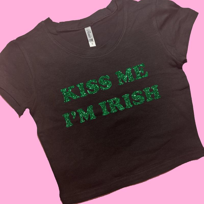 Kiss Me I'm Irish Snug Fit Crop Top Lucky Shirt Gift For Her Y2k Crop Top Gift For Friend Baby Tee St. Patrick's Day Gift