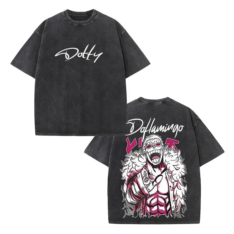 Retro One Piece Donquixote Doflamingo "Doffy" Double-Sided Vintage Washed T-Shirt, Anime Graphic Tee, Unisex Oversized Heavyweight Cotton Streetwear Top, Ideal Gift for One Piece Fans & Anime Lovers