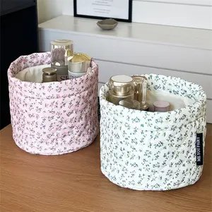 Quilted Cottagecore Makeup Storage Bucket - XL Capacity Fabric Cosmetic Organizer Bin, Soft Sided Pail for Women, Floral Cloth Organizer, Floral Pattern Basket