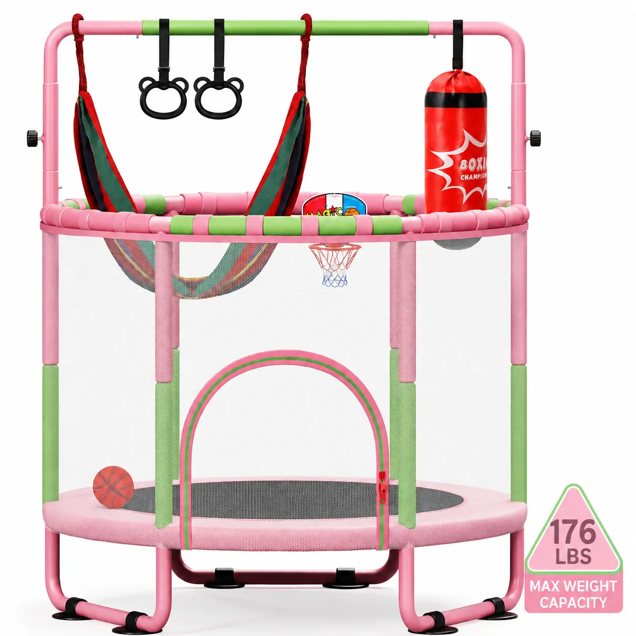 Yohood 55" Trampoline for Kids with Enclosure, 6-in-1 Toddler Trampoline Indoor Outdoor, Upgrade Full Anti-Rust Tube with Adjustable Gymnastics Bars for Boys Girls