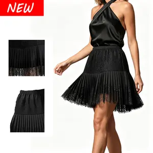 Women Y2k Lace Mini Skirt Low Rise Pleated Ruffle Half Slip Skirt Layered Flowy Short Skirt Streetwear Fabric Womenswear Asymmetrical Bottom Casual Comfy Sheer Elastic Tiered Minimalist Trendsetters for Polyester stretchy waist