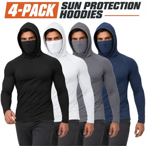 Men's 6-Pack Slim-Fit Solid Polyester Long-Sleeve UV-Protective Quick-Dry Lightweight Work Hoodies - Breathable Shirts with Built-In Mask/Face Cover, All Season for Hot Weather Outdoor Jobs, Biking