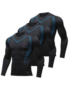 3 pack mens long sleeve compression shirts, digital printed athletic base layer tights undershirts, moisture wicking running gym t shirt workout tops