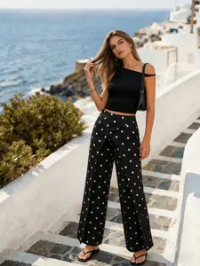 French Retro Polka Dot Overlay High Waist Wide Leg Pants Office Casual Polka Dot High Waist Flowy Wide Leg Trousers Vacation Resort Polka Dot High Waist Asymmetric Overlay Wide Leg Pants