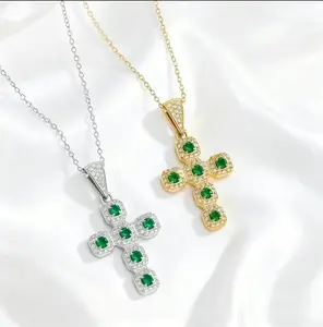 Unisex 2-Tone Paved Diamond Cross Necklace - Micro-Set Simulated Emerald Zircon, Long, Metal Coating, Casual, Daily, Elegant Layerable Costume Jewelry Gift for Women (Holiday, New Year Occasions) stack christian religious