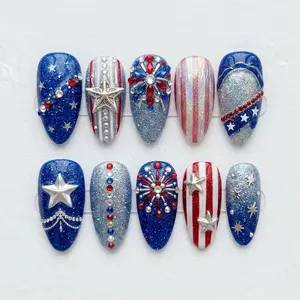 Handmade 4th of July Press On Nails, Red White Blue Glitter Nails, Patriotic Star Acrylic Nails, USA Holiday Nail Art Set