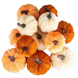 Pumpkin Decor Set 12pcs Faux Velvet Foam Fabric Orange Cream Colors for Fall Farmhouse Harvest Thanksgiving Home Decor