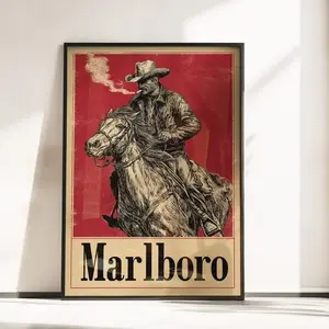 Vintage Marlboro Cigarette Poster, Retro Western Cowboy Wall Art, Smoking Cowboy Art Print
