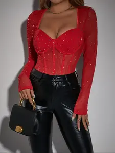 Women's Glitter Sequin Decor Sweetheart Neck Sheer Longsleeves Bodysuit, Elegant Long Sleeve Open Crotch Design Bodysuit for Party Holiday Vacation, Chic Ladies Clothes for All Seasons, Feminine Womenswear, Swimsuit Bodysuit
