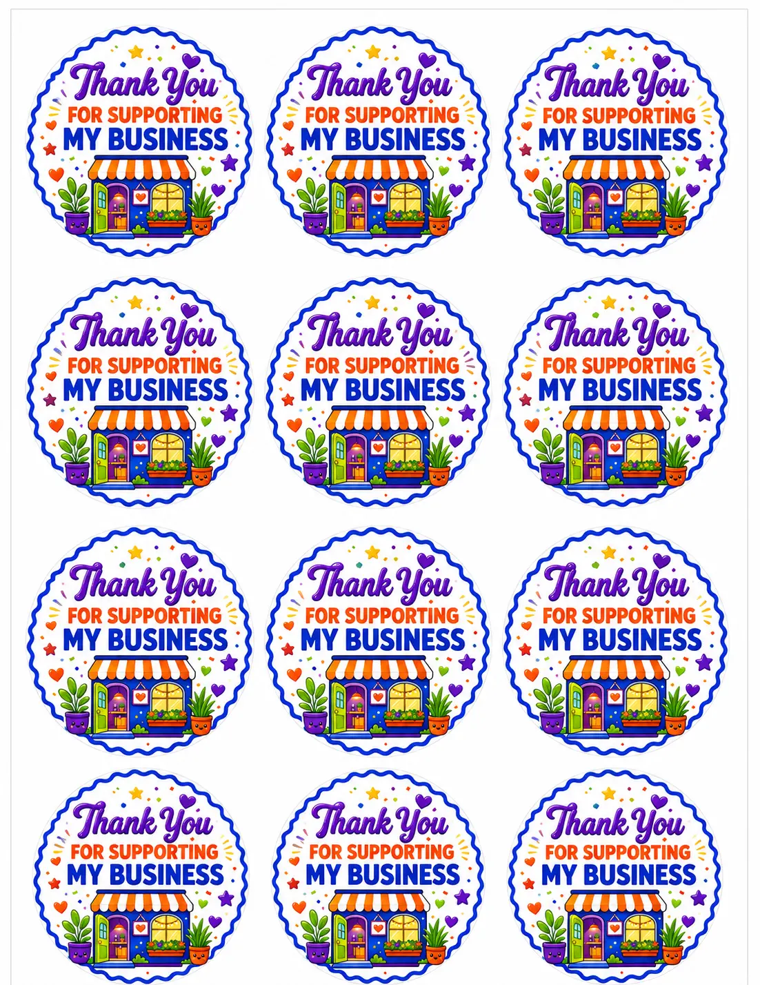 Thank You for Supporting My Business Stickers - 12-Pack of Colorful Business Appreciation Stickers for Customers