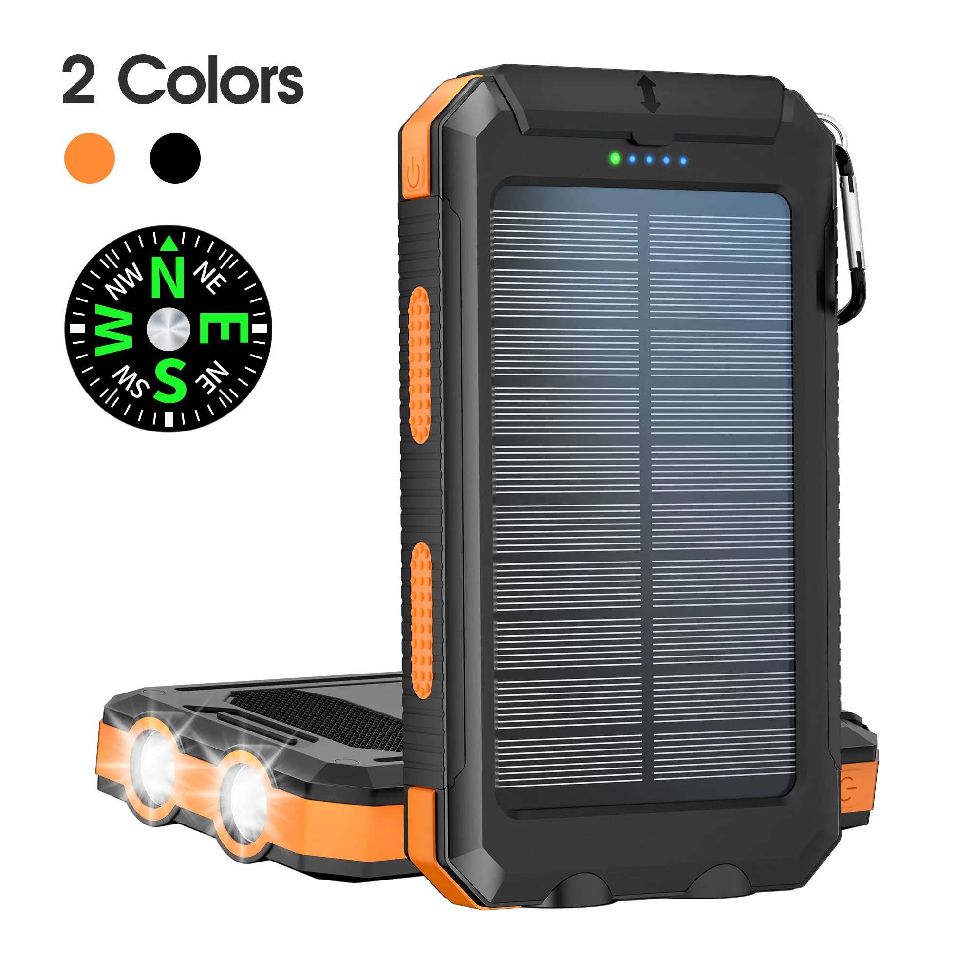 10000mAh Compact Solar Panel Power Bank, Portable Emergency Rechargeable Charging Device with USB-C I/O, Dual USB Outputs, Carabiner Clip, Waterproof Battery Pack, LED Flashlight for iPhone 16/15/14/13, Samsung Galaxy, iPad (On-The-Road, Everyday Carry)