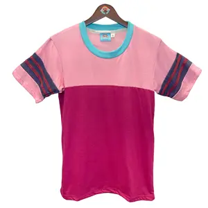 The Reflection Tee Women's Fit Colorblock Stripe Medium Length Fitted Short Sleeve Crew Neck Casual Dopamine Vintage Style Summer T-Shirt in Pink Jade and Blue