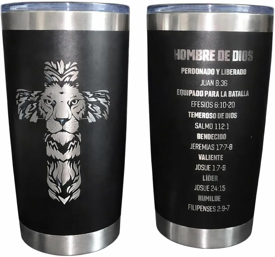 Hombre de Dios 20oz Stainless Steel Tumbler, Lion of Judah Spanish Laser Engraved Insulated Travel Cup Religious Gift For Men